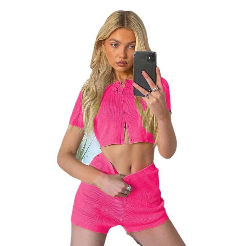 Short Sleeve Button Crop and Shorts Set